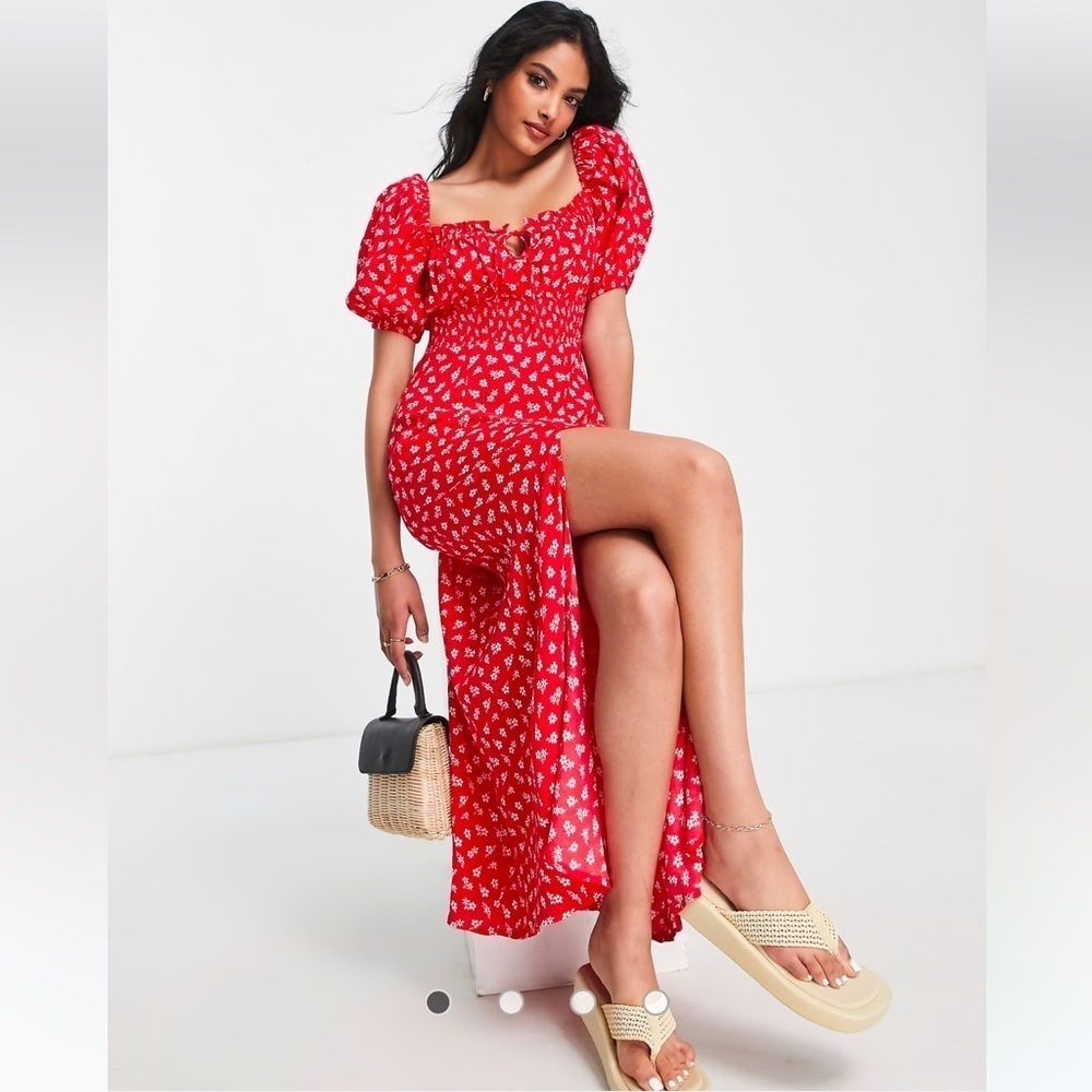 & Other Stories Red Floral Puff Sleeve Milkmaid Maxi Dress Cottagecore Coquette